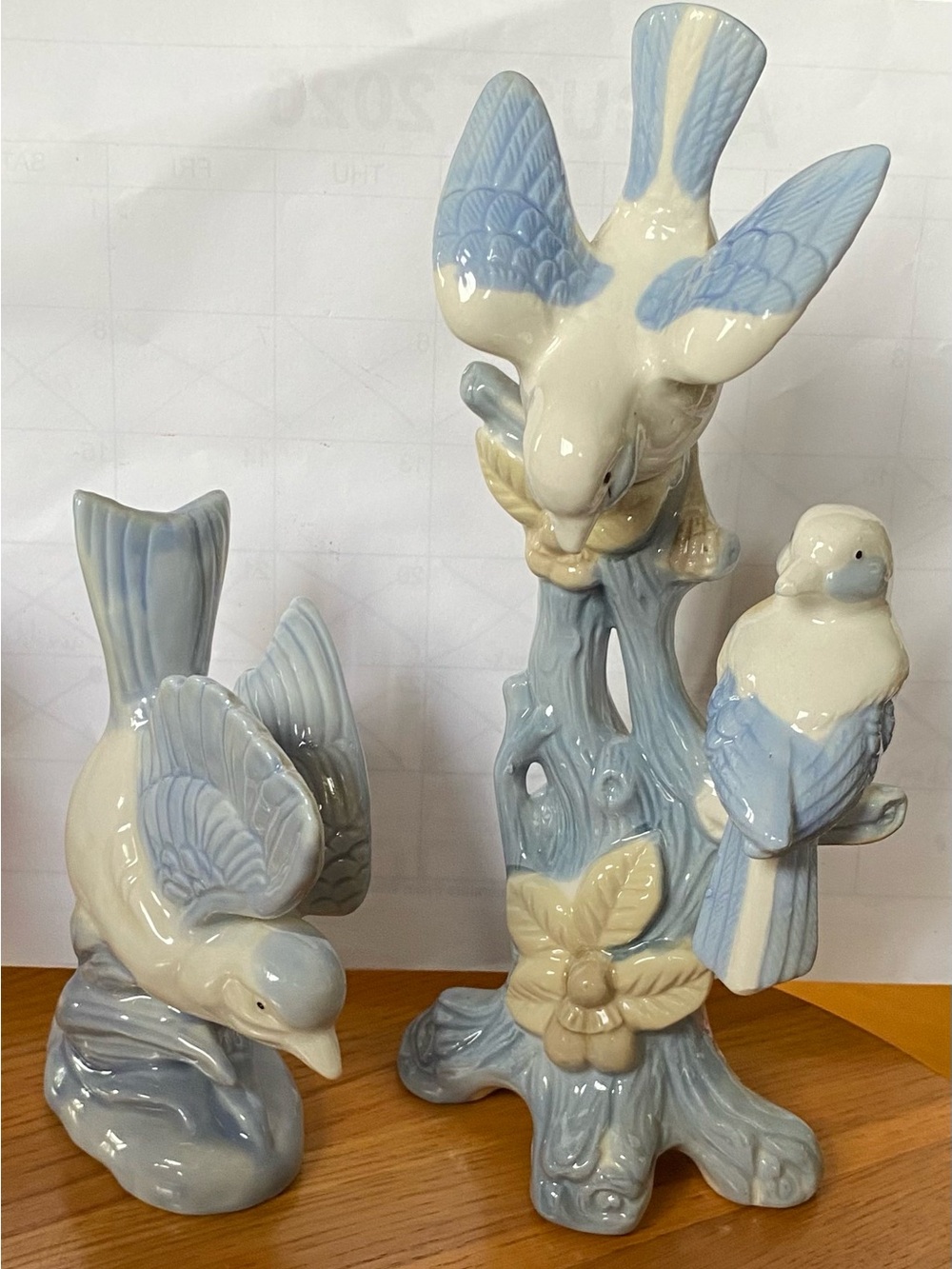 VTg Blue and Cream Porcelain Bird Figurine Pair - set of 2 Japan Bluebirds